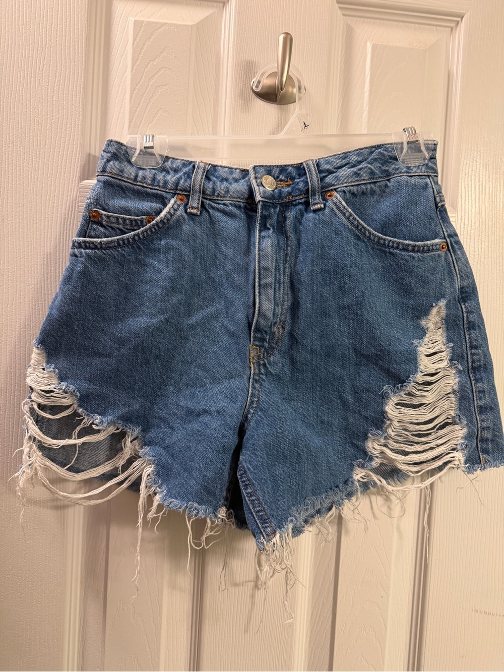 Topshop Distressed High-Waist Denim Shorts - Blue